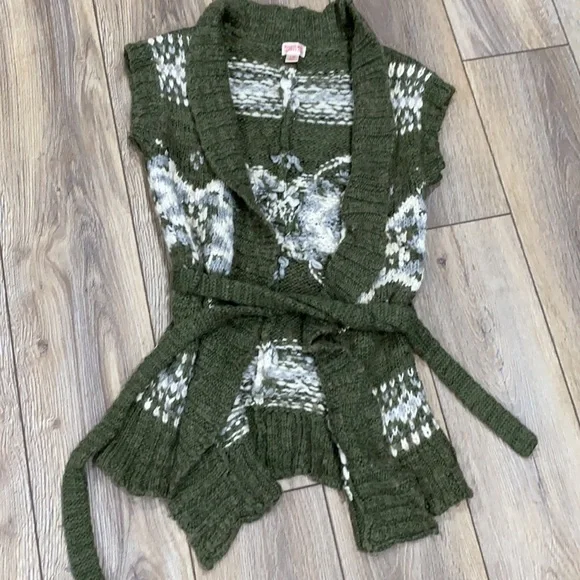 MOSSIMO Green White Nordic Thick Warm Sweater Cardigan Vest Belted - Picture 2 of 10